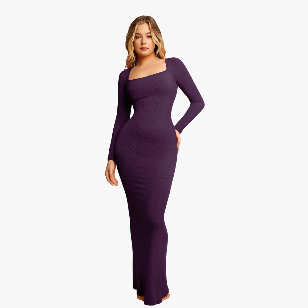 Popilush Shapewear Square Neck Long Sleeve Slimming Modal Maxi Dress
